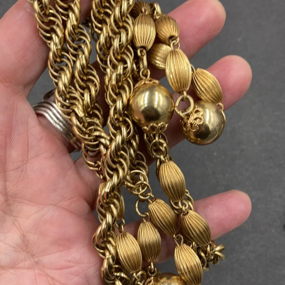 Flirty Long Vintage Gold Bead and Chain Necklace